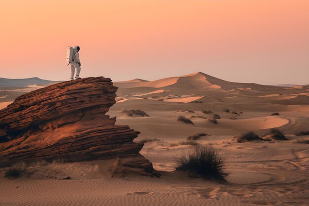 Photo astronaut on rock overlooking desert skys warm hues evoke solitude and exploration