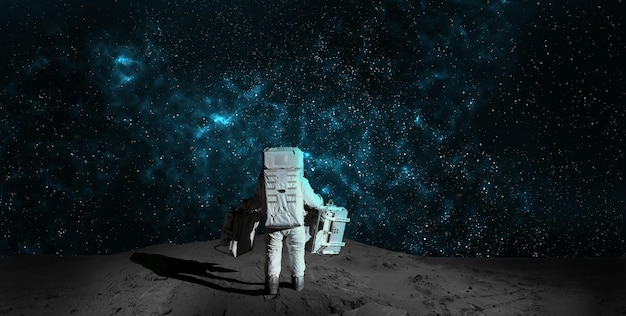 Astronaut on rock surface moon in space. Spacewalk.Astronaut standing looking at the Earth on lunar moon landing mission.Nebula,sun,planet.Elements of this image furnished by NASA.3D illustration.