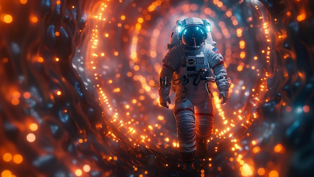 Astronaut running in futuristic tunnel 3D Rendering