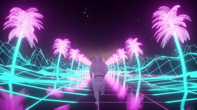 Astronaut runs surrounded by flashing neon lights Music and nightclub concept Retro 80s style synthwave background 3d illustration