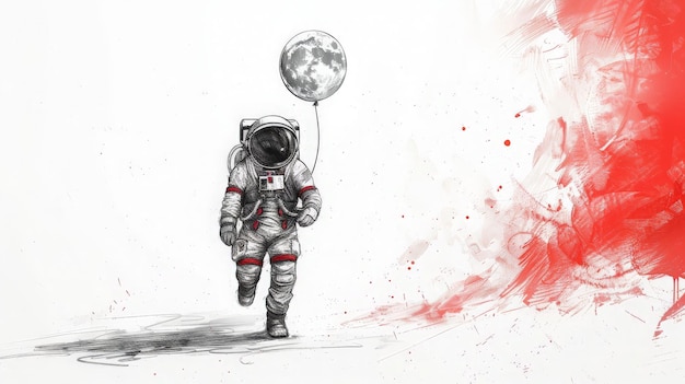 Astronaut runs towards red nebula holding a moon balloon Concept of space exploration