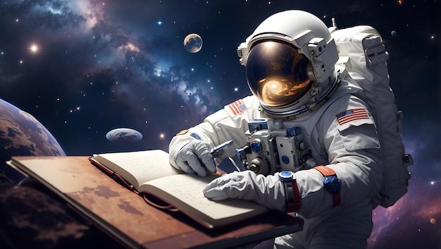 An Astronaut's Diary Entry Amidst Cosmic DustFilled Space Reflecting on Beauty and Mystique