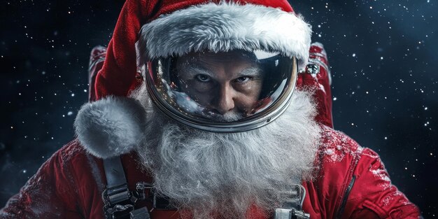 Astronaut santa claus wearing space suit posing in outer space