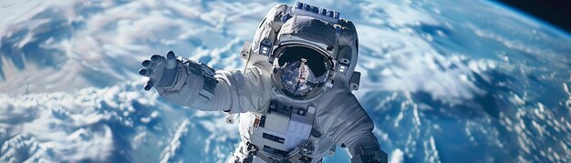 Astronaut Selfie Focus on an astronaut taking a selfie in space with a view of Earth in the background empty space right for text