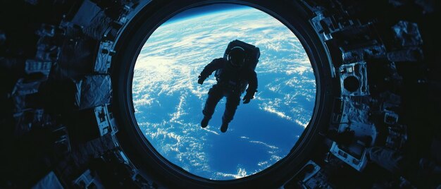 Photo astronaut silhouette in spacecraft window overlooking earth