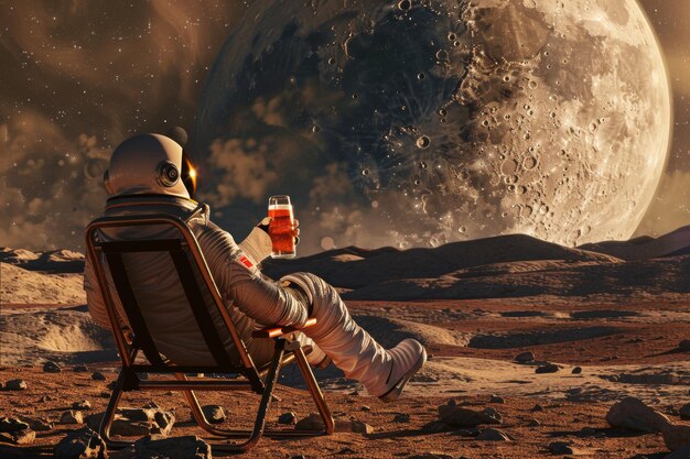 an astronaut sits on a chair with the moon in the background of the planet Earth