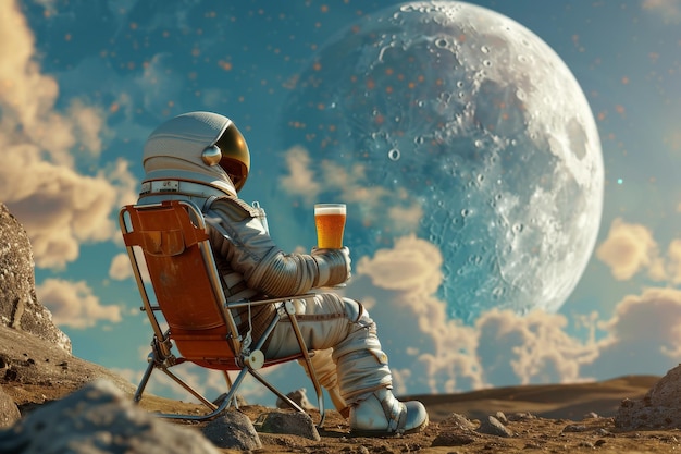 an astronaut sits on a chair with the moon in the background of the planet Earth