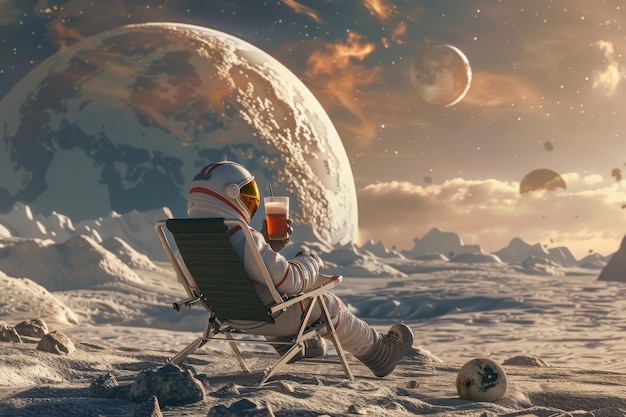 an astronaut sits on a chair with the moon in the background of the planet Earth