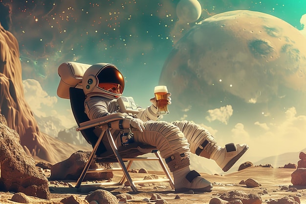 an astronaut sits on a chair with the moon in the background of the planet Earth