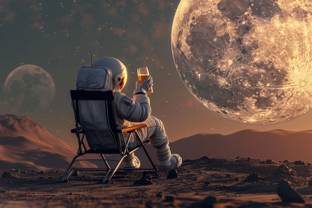 an astronaut sits on a chair with the moon in the background of the planet Earth