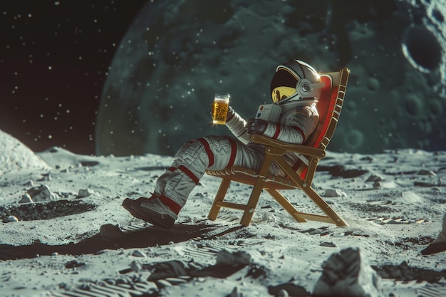 an astronaut sits on a chair with the moon in the background of the planet Earth