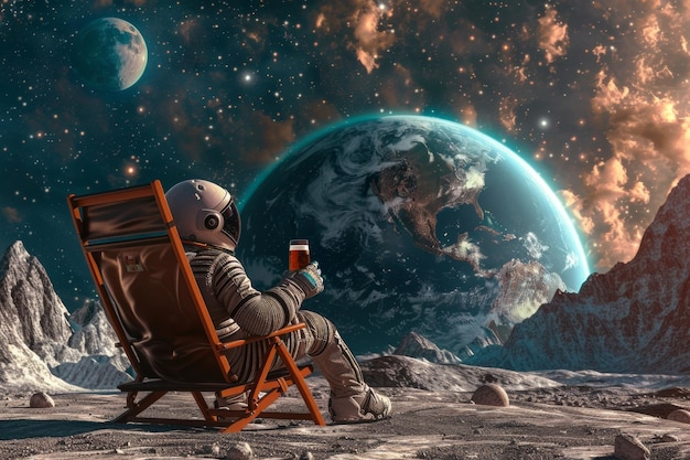 an astronaut sits on a chair with the moon in the background of the planet Earth