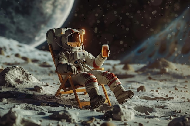 an astronaut sits on a chair with the moon in the background of the planet Earth