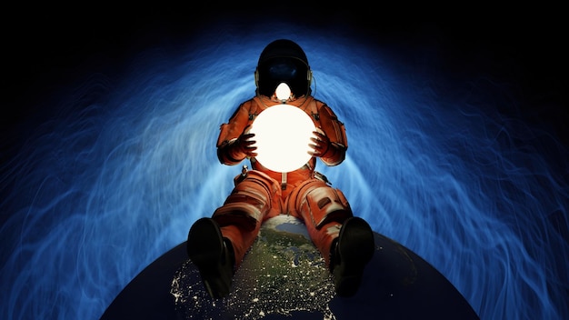 Astronaut sits on planet earth and hold glow star planet in hands Cosmonaut in space exploration of outer space exploration of the Moon Nebulae stars and galaxies in background 3d render