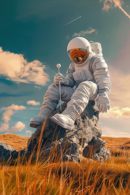 Photo a astronaut sits on a rock in front of a sky with clouds