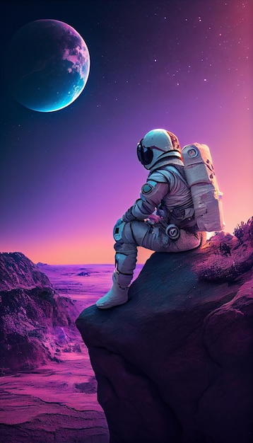 An astronaut sits on a rock with the planet in the background.