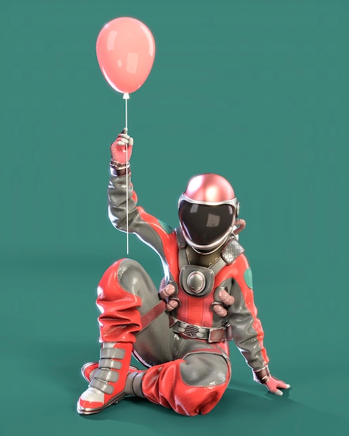 Astronaut sitting on the ground holds pink balloon in hand, pink background. 3D illustration