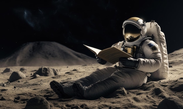 An astronaut sitting on the moon reading a book