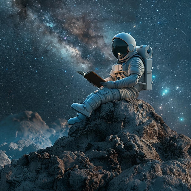 Astronaut sitting on a rock reading a book under the stars