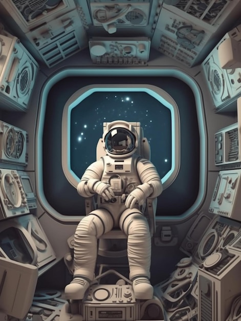 Astronaut sitting in a space station with a television and other objects generative ai