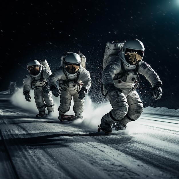 Astronaut snowboarding on a snowy highway