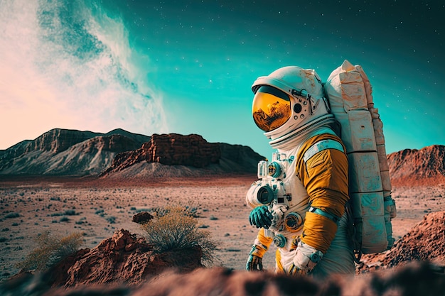 Astronaut on some planet in the galaxy looking at the horizon Desert landscape Generative AI