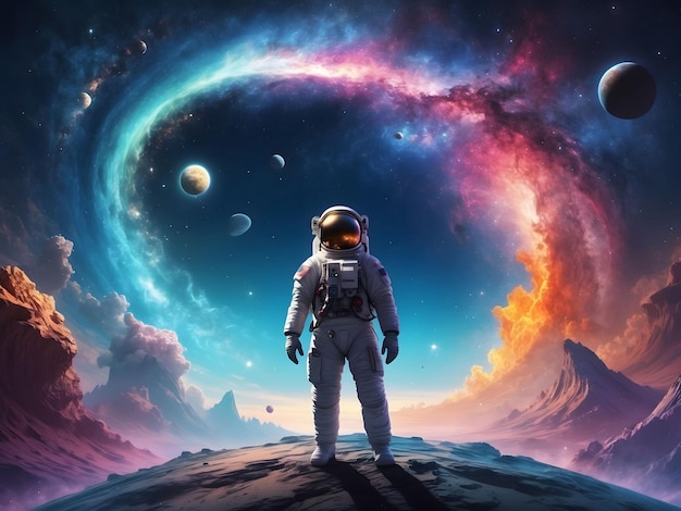 astronaut in space fantasy landscape background