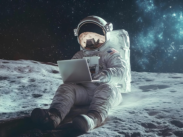 astronaut in space on the moon with laptop