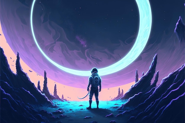 Astronaut in the space Spaceman walking on planet with glowing blue ring light Digital art style illustration painting