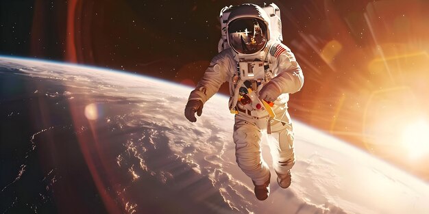 Photo astronaut in space suit floating above earth realistic image