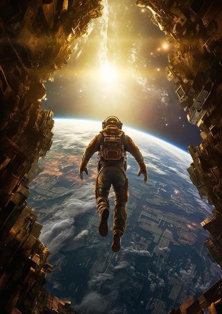 Astronaut in space suit floating in a space station with earth in the background generative ai