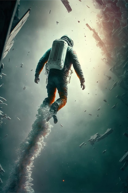 Astronaut in space suit flying through a filled with debris generative ai