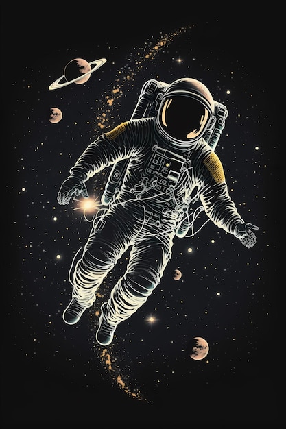 astronaut in space suit in hand drawn style in outer space