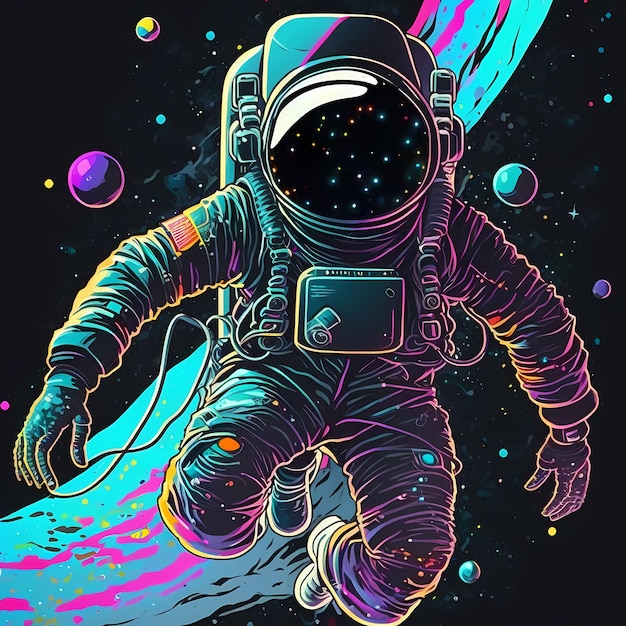 astronaut in space suit in hand drawn style in outer space