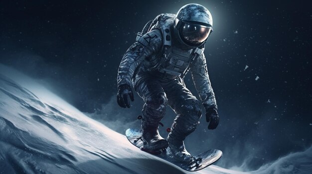 Astronaut in space suit and helmet on snowboard generative ai