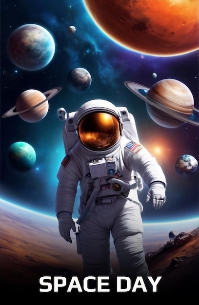 Astronaut in a space suit is flying in front of a planet Cosmonautics Space Day banner art design