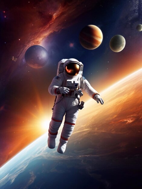 Astronaut in a space suit is flying in front of a planet Cosmonautics Space Day banner art design