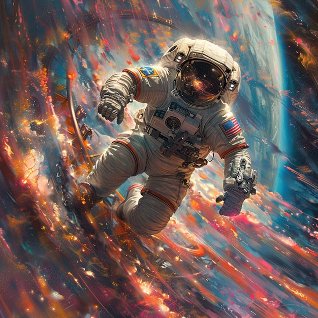 an astronaut in a space suit is flying in space