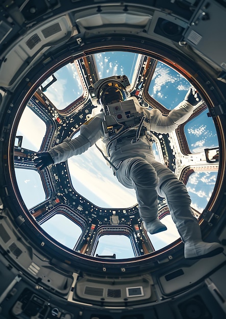 Astronaut in Space Suit Looking Out of a Spacecraft Window