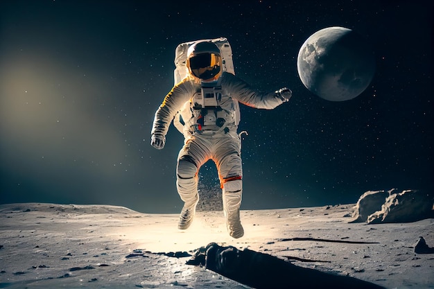 Astronaut in space suit running on dark background Generative AI