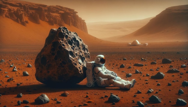 Astronaut in a space suit sitting on the rocky terrain of Mars on vast orange landscape background