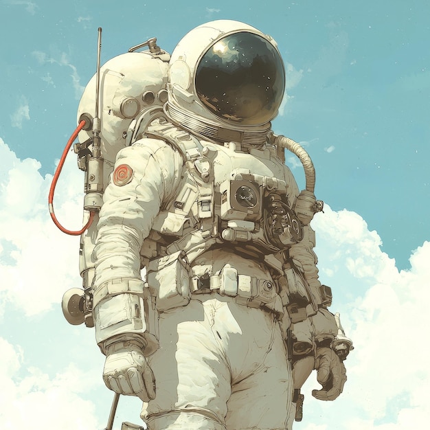 Astronaut in Space Suit Standing Against a Blue Sky with Clouds