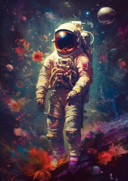 An astronaut in a space suit standing on a rock with planets in the background generative ai