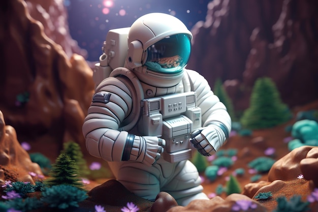 An astronaut in a space suit stands in a rocky landscape.