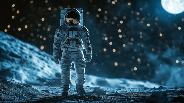 an astronaut in a space suit stands on a surface with a blue background