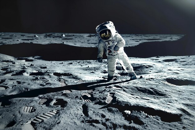 Photo astronaut in space suit walking on moon surface expedition to the moon space exploration generative