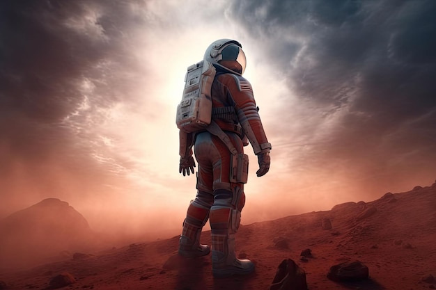 The astronaut in space suit walking on planet Exploration of the planet's surface Generative AI