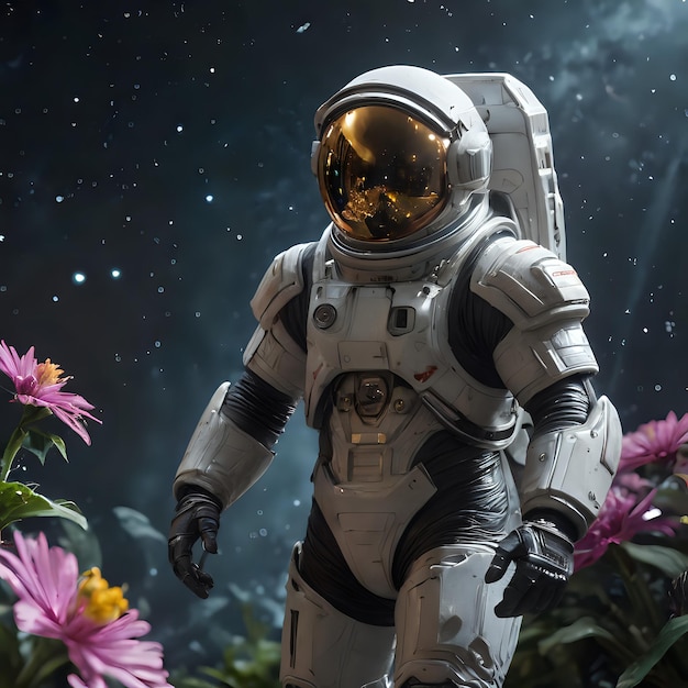 astronaut in a space suit walking through a field of flowers