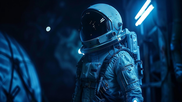 an astronaut in a space suit with a blue light on his face