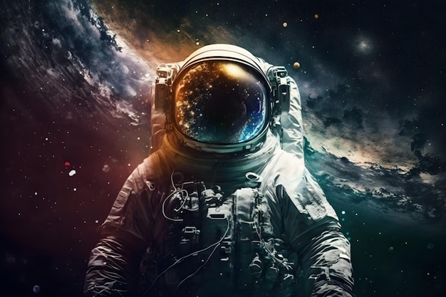 An astronaut in a space suit with a colorful circle on the center of the image.